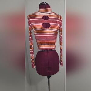 Orange and Red Ribbed Crop Blouse Long Sleeve